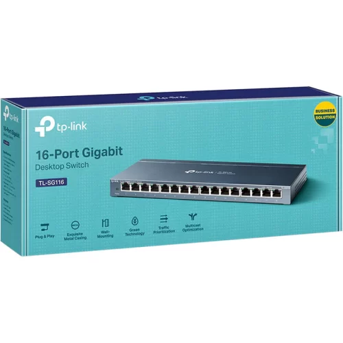 TP-Link 16 Port Gigabit Ethernet Network Switch, Desktop/ Wall-Mount, Fanless, Sturdy Metal w/ Shielded Ports, Traffic Optimization, Unmanaged, Limited Lifetime Protection (TL-SG116) Black